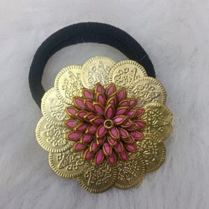 kundan coin floral hair band with lite pink stone detailing & gold tone finish