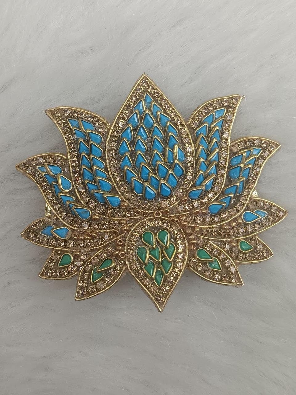 kundan lotus design gold tone barrette hair clip with blue & green enamel – 2.07 inch kundan lotus design gold tone barrette hair clip with blue & green enamel – 2.07 inch