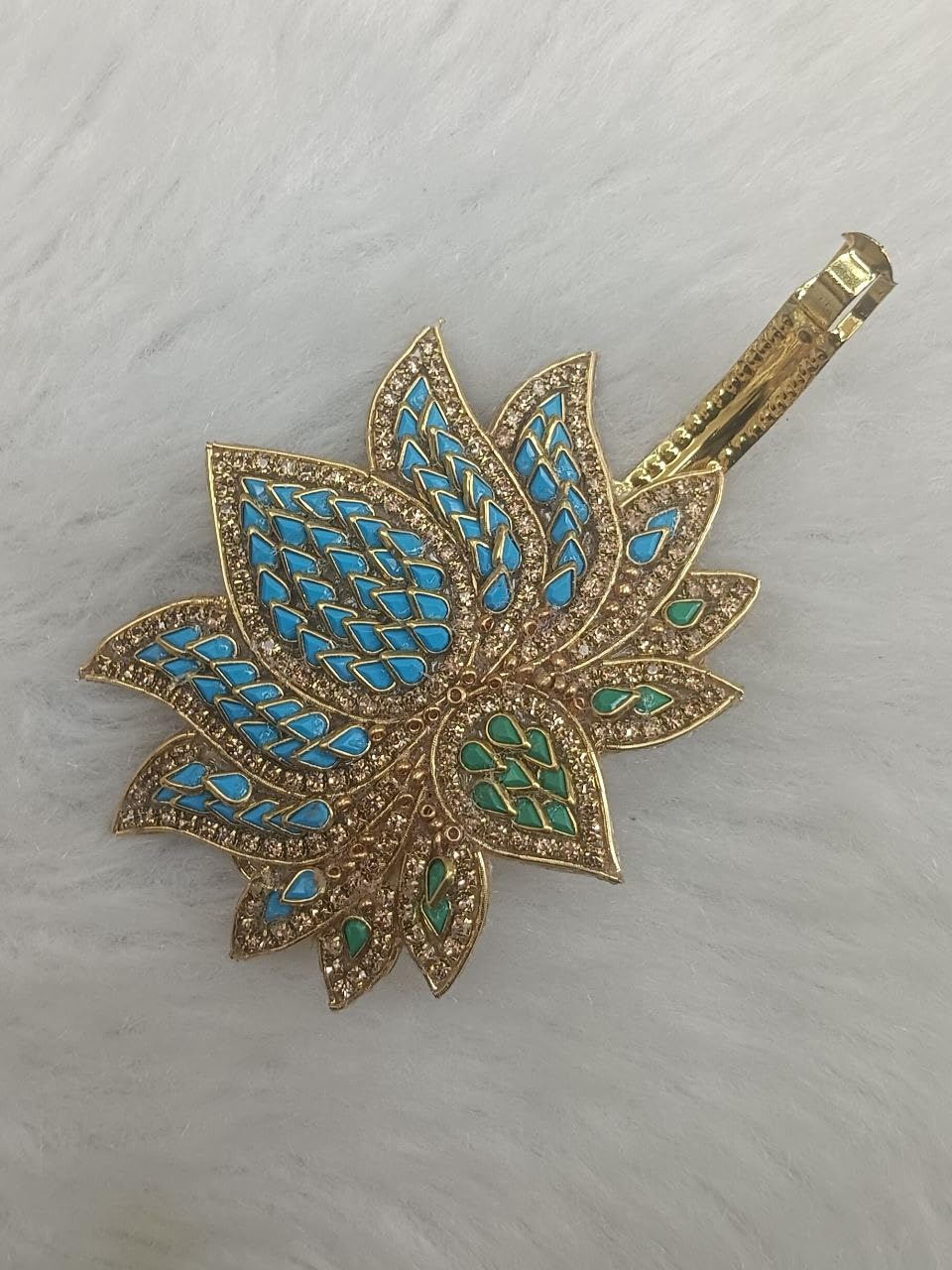 Kundan Lotus Design Blue & Green Barrette Hair Clip – 2.07 Inch Gold-tone Kundan lotus hair clip with blue and green enamel detailing on a light background