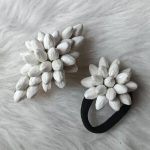 Artificial jasmine buds white floral hair accessory set with hair tie and clip on white background
