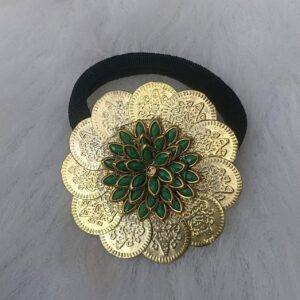 kundan coin floral hair band with green stone detailing & gold tone finish