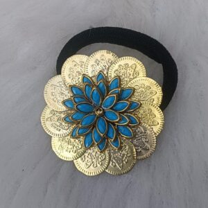 kundan coin floral hair band with blue stone detailing & gold tone finish
