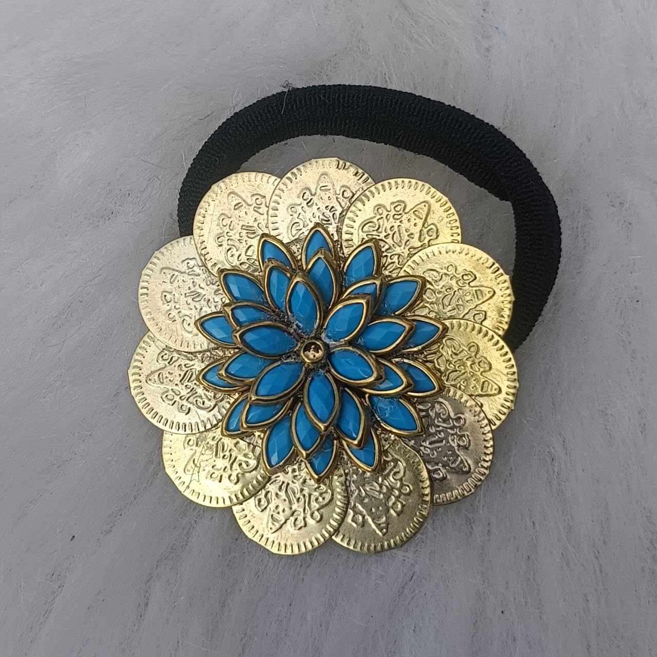 kundan coin floral hair band with blue stone detailing & gold tone finish kundan coin floral hair band with blue stone detailing & gold tone finish