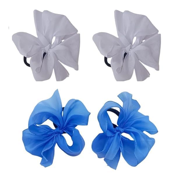 white and blue ribbon diy hair band set 2 Set of two ribbon hair ties in white and blue with elastic bands, arranged on a white background
