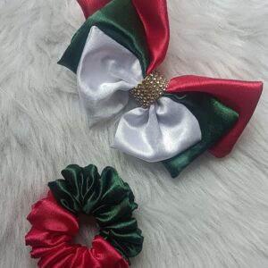 Tri-color satin bow hair clip and matching scrunchie set in red, green, and white.