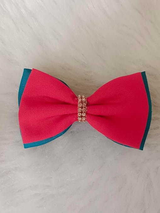 Red & Green Bow Hair Clip for Girls – With Rhinestone Center