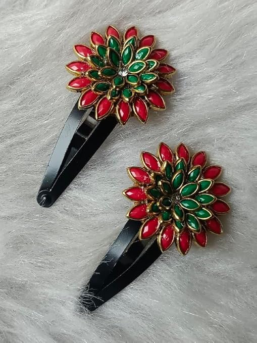 Red & Green Floral Stone Snap Hair Clip Set