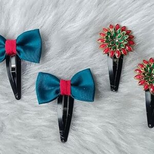 Pack of 2 girls’ snap hair clips – teal satin bows and red-green floral design
