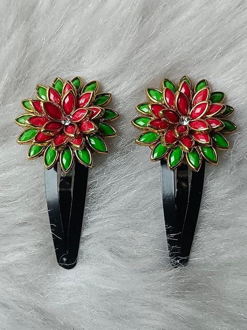 teal satin bow & floral stone snap hair clip set – pack of 2 teal satin bow & floral stone snap hair clip set – pack of 2