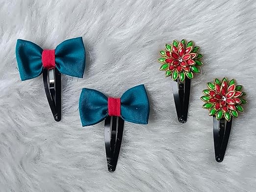 Teal Cloth Bow & Floral Stone Snap Hair Clip Set – Pack of 2