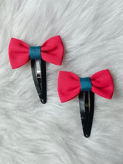 Red Cloth Bow & Red-Green Floral Stone Snap Hair Clip Set – Pack of 2