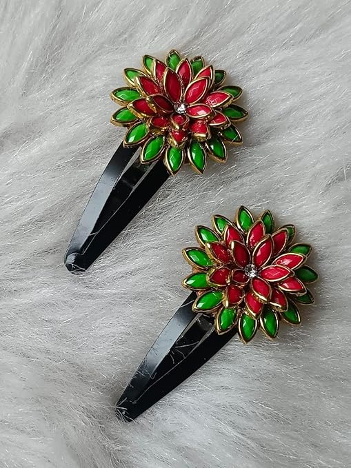 red cloth bow & red green floral stone snap hair clip set – pack of 2 red cloth bow & red green floral stone snap hair clip set – pack of 2