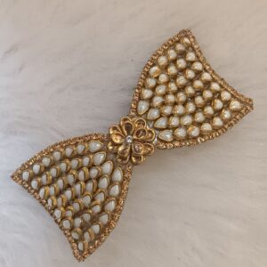 kundan bow design gold tone barrette hair clip with white stone detailing