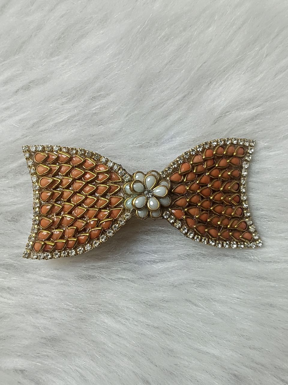 Gold-Tone Orange Kundan Bow Barrette Hair Clip with Floral Center Accent