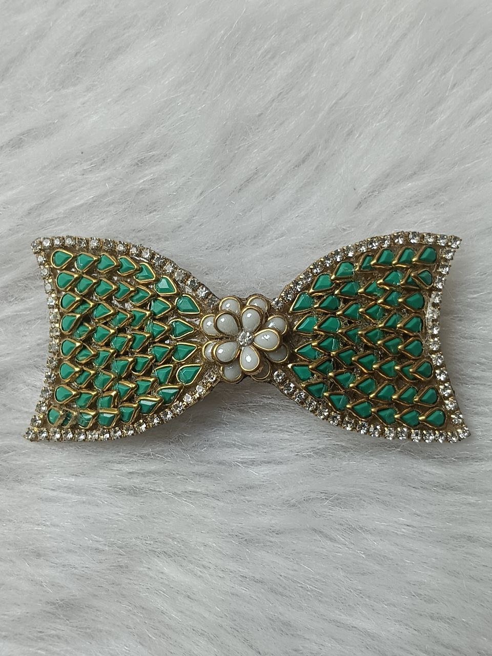 Gold-Tone Green Kundan Bow Barrette Hair Clip with Floral Center Accent