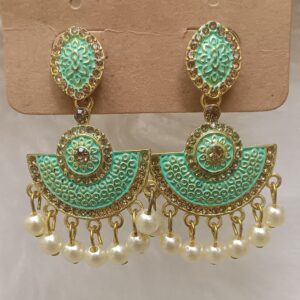 turquoise & gold enamel pearl drop earrings with traditional fan motif