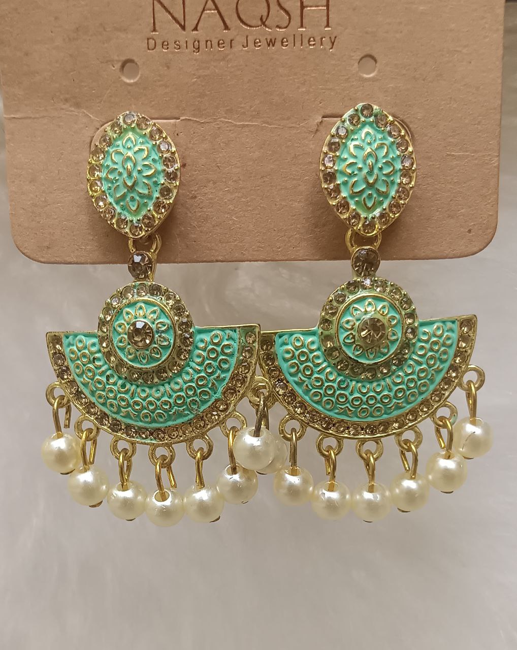 turquoise & gold enamel pearl drop earrings with traditional fan motif turquoise & gold enamel pearl drop earrings with traditional fan motif