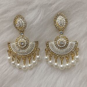 champagne gold enamel pearl drop earrings with traditional fan motif