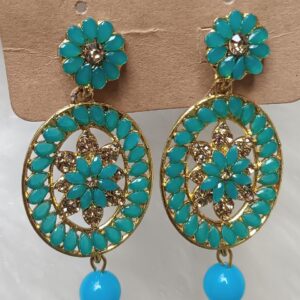 teal floral circle drop earrings with turquoise bead – gold finish