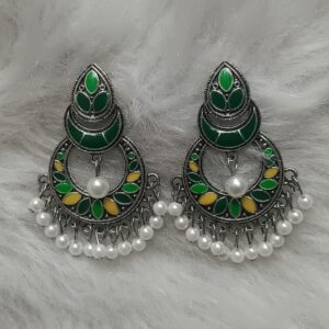 Green and yellow enamel chandbali earrings with pearl fringe
