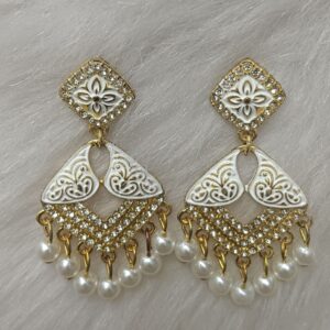 ivory white & gold enamel pearl drop earrings – ethnic leaf design