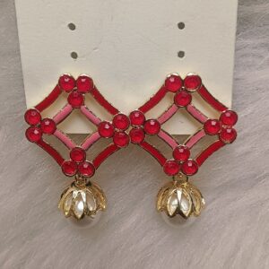 Ruby red diamond frame earrings with lotus pearl drop