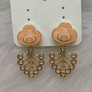 Peach nude floral enamel gold stone drop earrings