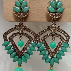 teal green crystal leaf drop earrings – antique gold finish