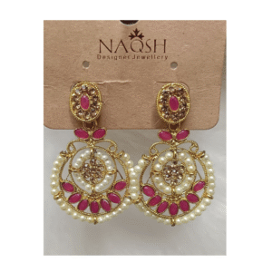 antique gold tone pink stone & pearl circular drop earrings with floral studs