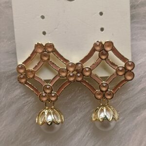 Champagne brown diamond frame earrings with lotus pearl drop