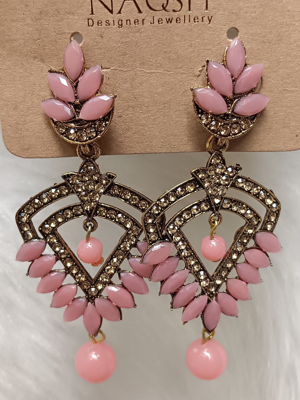 blush pink crystal heart drop earrings – antique gold finish blush pink crystal heart drop earrings – antique gold finish