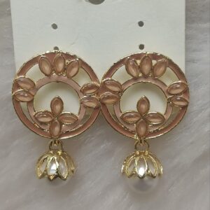 Mocha brown circular floral gold drop earrings with pearl charm