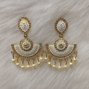 ivory white & gold enamel pearl drop earrings with traditional fan motif