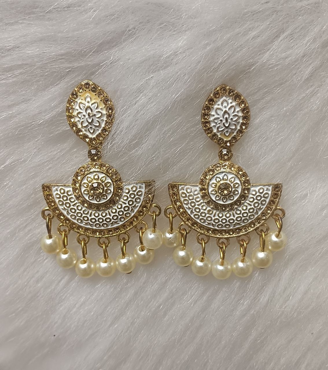 ivory white & gold enamel pearl drop earrings with traditional fan motif ivory white & gold enamel pearl drop earrings with traditional fan motif