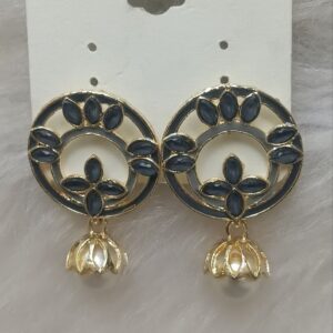 Black circular floral gold drop earrings with pearl charm