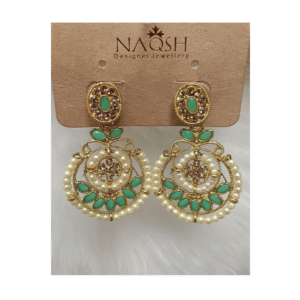 antique gold tone green stone & pearl circular drop earrings with floral studs
