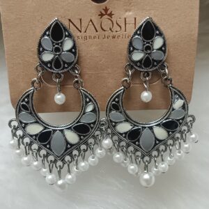 black, white & grey enamel crescent drop earrings with pearl dangles – antique silver finish