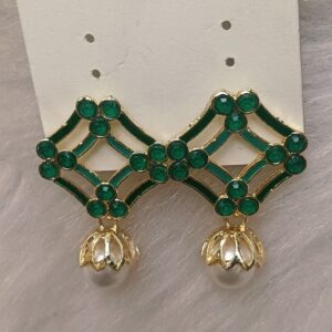 Emerald green diamond frame earrings with lotus pearl drop