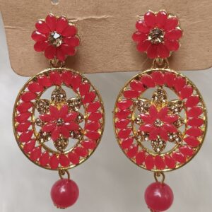 red floral circle drop earrings with bead dangle – gold finish