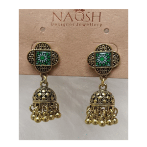 antique gold tone green enamel floral stud jhumka earrings with dangling beads