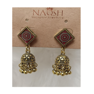 antique gold tone square enamel stud jhumka earrings with dangling beads