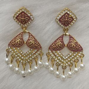 maroon red & gold enamel pearl drop earrings – festive leaf design