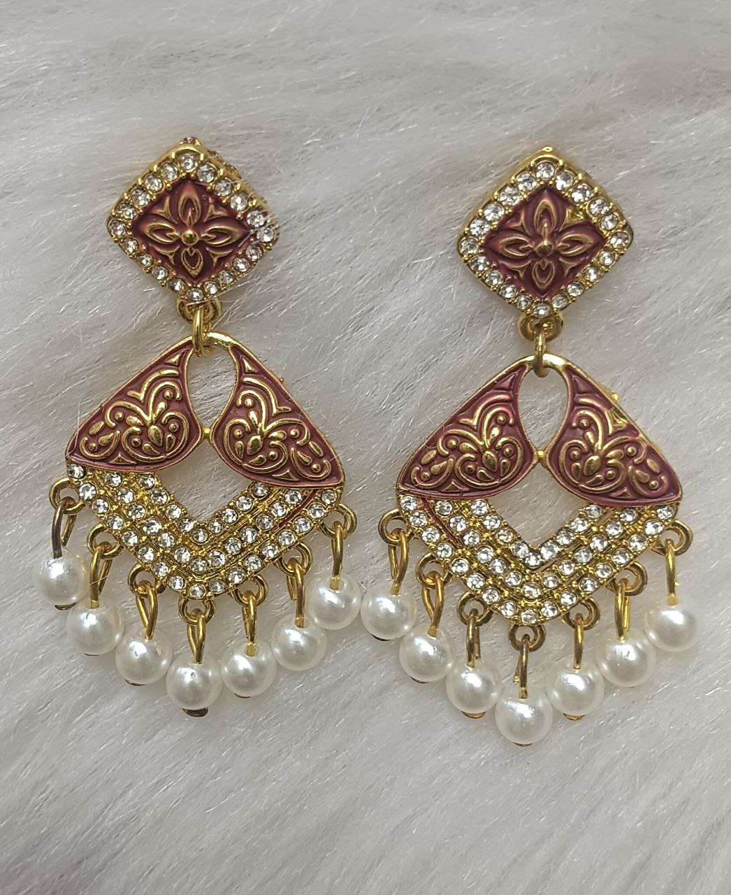 maroon red & gold enamel pearl drop earrings β festive leaf design maroon red & gold enamel pearl drop earrings β festive leaf design