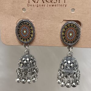 olive green & mustard enamel silver oxidized jhumka earrings with oval geometric stud