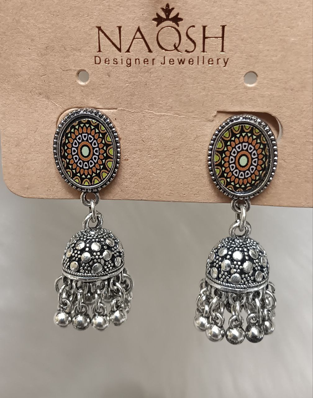 olive green & mustard enamel silver oxidized jhumka earrings with oval geometric stud olive green & mustard enamel silver oxidized jhumka earrings with oval geometric stud