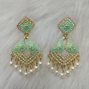 turquoise green & gold enamel pearl drop earrings – traditional leaf motif