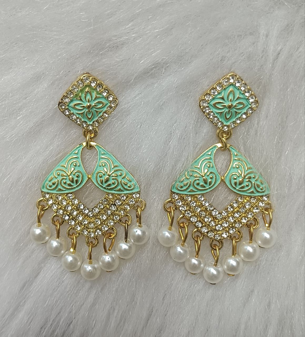 turquoise green & gold enamel pearl drop earrings – traditional leaf motif turquoise green & gold enamel pearl drop earrings – traditional leaf motif