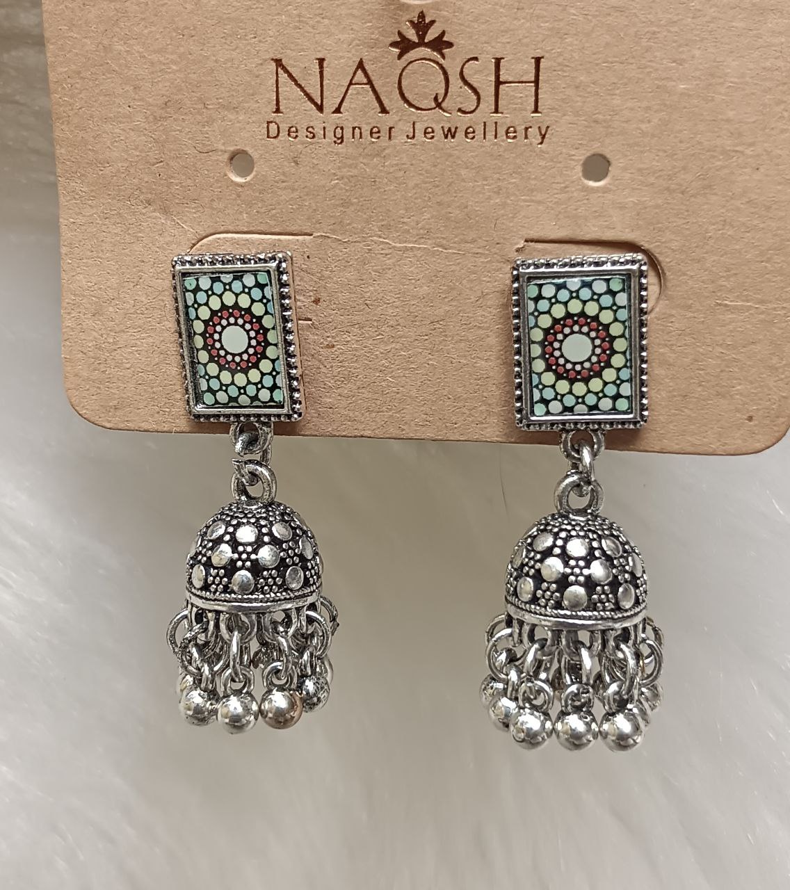 pastel multicolor & silver oxidized jhumka earrings with geometric enamel stud pastel multicolor & silver oxidized jhumka earrings with geometric enamel stud