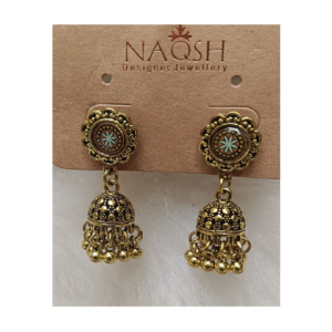 antique gold tone enamel stud jhumka earrings with dangling beads
