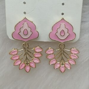 Baby pink and gold enamel leaf drop earrings